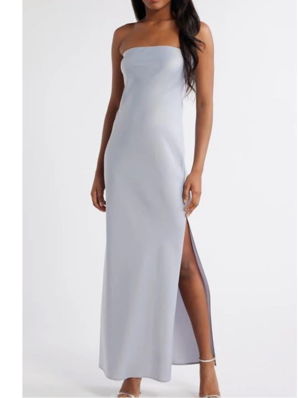 WAYF Satin Strapless Maxi Dress Small Icy Silver Blue NWT